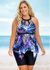 Multi Color plus size,Plants plus size,ROTITA Leaf Print Asymmetric Hem Plus Size Tankini Set 