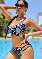 Multi Color swimwear,Tribal swimwear,ROTITA Mid Waist Tribal Print Cross Strap Bikini Set 