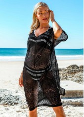 Black swimwear,Plain Color swimwear,ROTITA Black Side Slit V Neck Cover Up