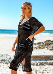 Black swimwear,Plain Color swimwear,ROTITA Black Side Slit V Neck Cover Up