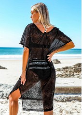 Black swimwear,Plain Color swimwear,ROTITA Black Side Slit V Neck Cover Up