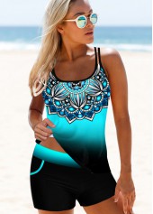 Blue swimwear,Ombre swimwear,ROTITA Ombre Tribal Print Spaghetti Strap Tankini Set 