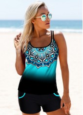 Blue swimwear,Ombre swimwear,ROTITA Ombre Tribal Print Spaghetti Strap Tankini Set 