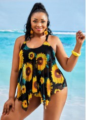 Yellow plus size,Plants plus size,ROTITA Sunflower Print Asymmetric Hem Plus Size Tankini Set