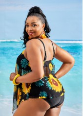 Yellow plus size,Plants plus size,ROTITA Sunflower Print Asymmetric Hem Plus Size Tankini Set
