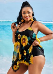 Yellow plus size,Plants plus size,ROTITA Sunflower Print Asymmetric Hem Plus Size Tankini Set