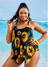 ROTITA Sunflower Print Asymmetric Hem Plus Size Tankini Set