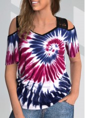 ROTITA Lace Stitching Tie Dye Print Cold Shoulder T Shirt