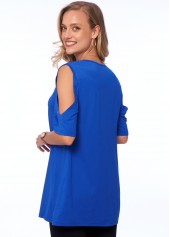 Blue tops,Plain Color tops,ROTITA Solid V Neck Cold Shoulder T Shirt