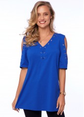 Rotita einfarbiges T-Shirt mit V-Ausschnitt und kalter Schulter