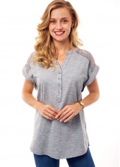 Grey tops,Plain Color tops,ROTITA Lace Stitching Split Neck Button Detail Blouse