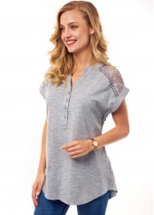 Grey tops,Plain Color tops,ROTITA Lace Stitching Split Neck Button Detail Blouse