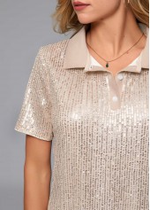 Light Yellow tops,Plain Color tops,ROTITA Sequin Turndown Collar Button Detail T Shirt