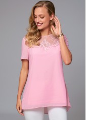 Pink tops,Plain Color tops,ROTITA Short Sleeve Lace Stitching Round Neck Blouse