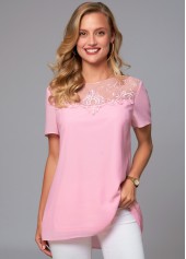 ROTITA Short Sleeve Lace Stitching Round Neck Blouse