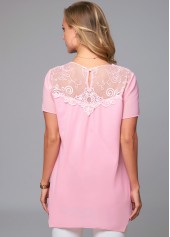 Pink tops,Plain Color tops,ROTITA Short Sleeve Lace Stitching Round Neck Blouse
