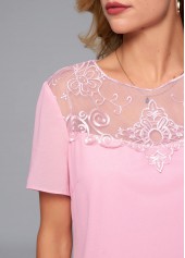 Pink tops,Plain Color tops,ROTITA Short Sleeve Lace Stitching Round Neck Blouse
