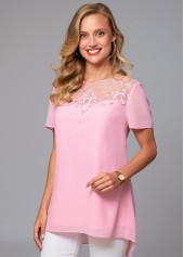 Pink tops,Plain Color tops,ROTITA Short Sleeve Lace Stitching Round Neck Blouse