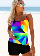 Multi Color swimwear,Rainbow Color swimwear,Geometric swimwear,ROTITA Spaghetti Strap Colorful Geometric Print Tankini Set 