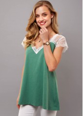 Multi Color tops,Contrast Color tops,ROTITA V Neck Lace Stitching Short Sleeve T Shirt