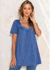 Blue tops,Plain Color tops,ROTITA Patchwork Solid Short Sleeve T Shirt