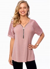 Light Pink tops,Plain Color tops,ROTITA Sequin Quarter Zip Short Sleeve T Shirt