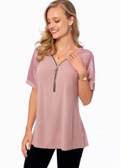 ROTITA Sequin Quarter Zip Short Sleeve T Shirt