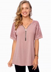 Light Pink tops,Plain Color tops,ROTITA Sequin Quarter Zip Short Sleeve T Shirt