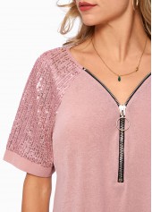 Light Pink tops,Plain Color tops,ROTITA Sequin Quarter Zip Short Sleeve T Shirt