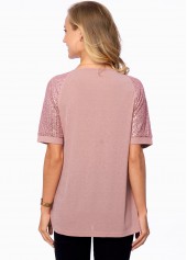 Light Pink tops,Plain Color tops,ROTITA Sequin Quarter Zip Short Sleeve T Shirt