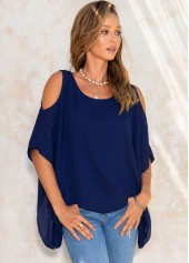 Navy tops,Plain Color tops,ROTITA Chiffon Cold Shoulder Ruffle Sleeve T Shirt