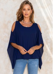 Navy tops,Plain Color tops,ROTITA Chiffon Cold Shoulder Ruffle Sleeve T Shirt
