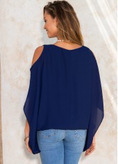 Navy tops,Plain Color tops,ROTITA Chiffon Cold Shoulder Ruffle Sleeve T Shirt