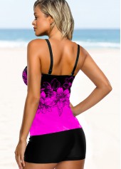 Hot Pink swimwear,Floral swimwear,ROTITA Spaghetti Strap Floral Print Tankini Set