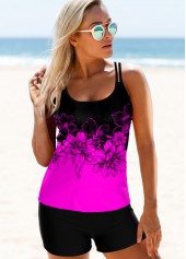 Hot Pink swimwear,Floral swimwear,ROTITA Spaghetti Strap Floral Print Tankini Set