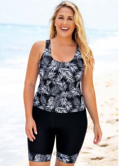 Black plus size,Plants plus size,ROTITA Leaf Print Plus Size Wide Strap Tankini Set