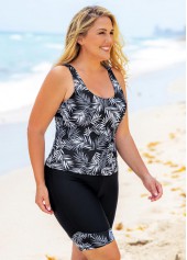 Black plus size,Plants plus size,ROTITA Leaf Print Plus Size Wide Strap Tankini Set