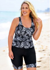 ROTITA Leaf Print Plus Size Wide Strap Tankini Set