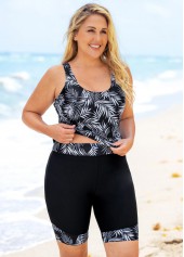 Black plus size,Plants plus size,ROTITA Leaf Print Plus Size Wide Strap Tankini Set