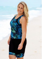 Blue plus size,Plants plus size,Leaf Print High Waisted Plus Size Tankini Set