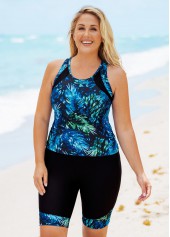 Blue plus size,Plants plus size,Leaf Print High Waisted Plus Size Tankini Set