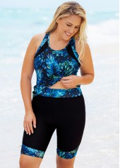 Blue plus size,Plants plus size,Leaf Print High Waisted Plus Size Tankini Set