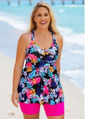 Multi Color plus size,Floral plus size,Cross Strap Plus Size Floral Print Tankini Set 