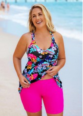 Multi Color plus size,Floral plus size,Cross Strap Plus Size Floral Print Tankini Set 