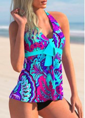 Cyan swimwear,Paisley swimwear,ROTITA Bowknot Paisley Print Halter Tankini Set