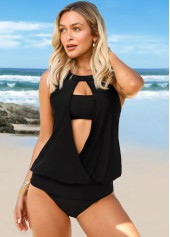 ROTITA Solid Bib Neck Cutout Tankini Set 