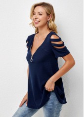Navy tops,Plain Color tops,ROTITA Quarter Zip Cold Shoulder Short Sleeve T Shirt