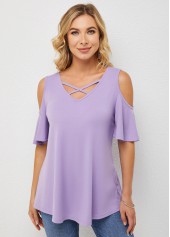 Purple tops,Plain Color tops,ROTITA Cold Shoulder Cross Strap Half Sleeve T Shirt