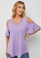 Purple tops,Plain Color tops,ROTITA Cold Shoulder Cross Strap Half Sleeve T Shirt