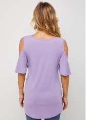 Purple tops,Plain Color tops,ROTITA Cold Shoulder Cross Strap Half Sleeve T Shirt